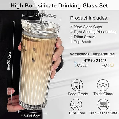 WERTIOO 20 Oz Ribbed Glass Tumblers with Straw and Lid, Glassware Drinking Glasses Set of 4, Leak Proof Ice Coffee Cups Reusable, Thickened Glass, Ideal for Iced Coffee, Smoothies and Juices