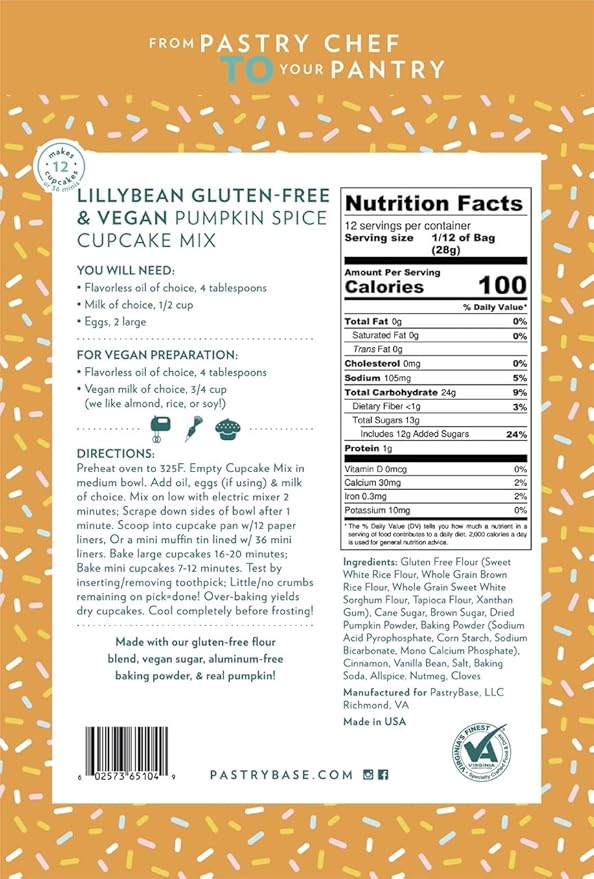 LillyBean Gluten Free Moist Pumpkin Spice Cake and Cupcake Mix with No Artificial Colors - Dairy and Soy Free, Vegan - Makes Delicious Desserts - Cakes, Cake Pops - 12 oz