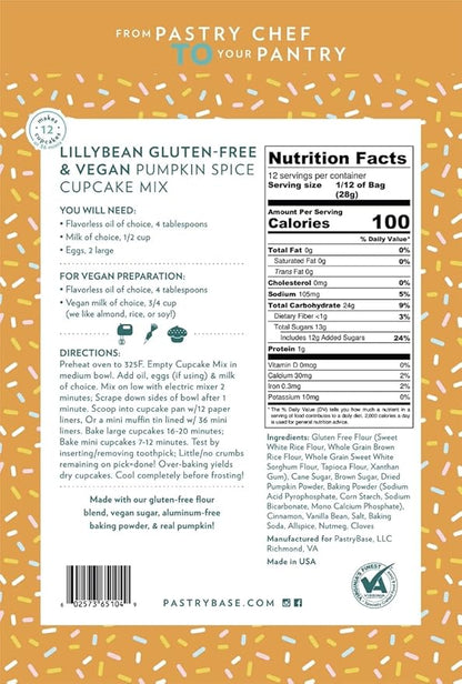 LillyBean Gluten Free Moist Pumpkin Spice Cake and Cupcake Mix with No Artificial Colors - Dairy and Soy Free, Vegan - Makes Delicious Desserts - Cakes, Cake Pops - 12 oz