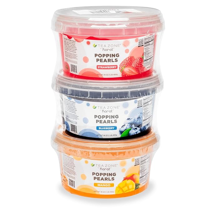 Tea Zone 3 Flavors Popping Pearls Combo, Strawberry, Mango, Blueberry Bursting Pearls for Teas, Shakes, Smoothies, Dessert Toppings
