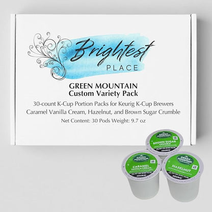 30-count K-Cup portion packs for Keurig K-Cup Brewers Variety with Green Mountain Flavors Caramel Vanilla Cream, Hazelnut, and Brown Sugar Crumble Packaged by Brightest Place