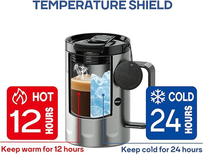 Sidagar+ 18 OZ z Stainless Steel Insulated Coffee Mug with Handle and Lid, Double Wall Vacuum Travel Mug, Tumbler Cup with Sliding Lid, Resuable Insulated Coffee Tumbler, Silver