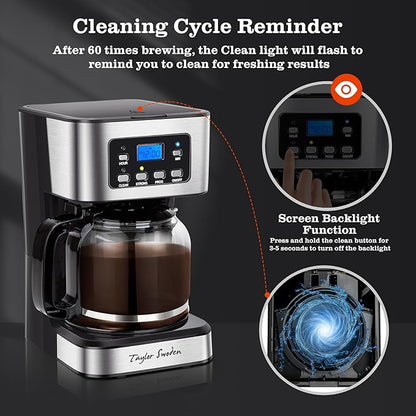 Taylor Swoden 12-Cup Programmable Coffee Maker, Regular & Strong Brew Drip Coffee Machine for Home and Office, Glass Carafe, Pause & Serve, Auto Shut Off, Black & Stainless Steel