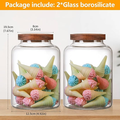 Large Glass Jar with Lid Set of 2, Glass Sugar Containers Kitchen Canisters Pantry Glass Food Storage Container for Candy Coffee Bean Cereal Flour Cookies (67oz(2000ml)-2 pack)
