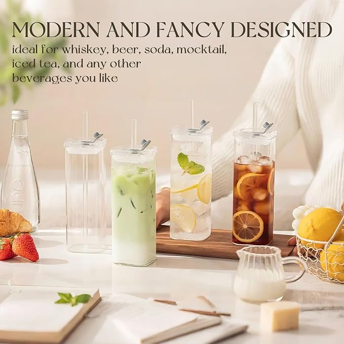 12 Sets Square Drinking Glass Cups with Lids & Straws, 17 Oz Clear Highball Glasses for Cocktail, Iced Coffee, Juice, Beer - Modern Glass Tumblers