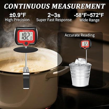BOMATA Candy Thermometer with Pot Clip, Instant Read Cooking Thermometer with 8" Long Probe, Rotating Display, for Candy Making, Food, Candle Making, Liquids, Water, Baking, Sugar, Grilling. Black