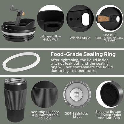 YINBAOGE Upgraded Insulated Travel Coffee Mug, Spill Proof & Leak Proof, Portable Camping Stainless Steel Tumbler, Reusable Coffee Cup with Lid, Thermos for Hot & Cold Drinks (4th-Black, 15OZ)