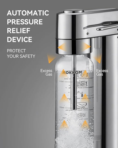 MOKKOM Sparkling Water Maker, Soda Streaming Machine with 1L PET Carbonating Bottle, Carbonates Any Drink, Soda Maker Compatible with 60L CO2 Carbonator (NOT Included) - Stainless Steel
