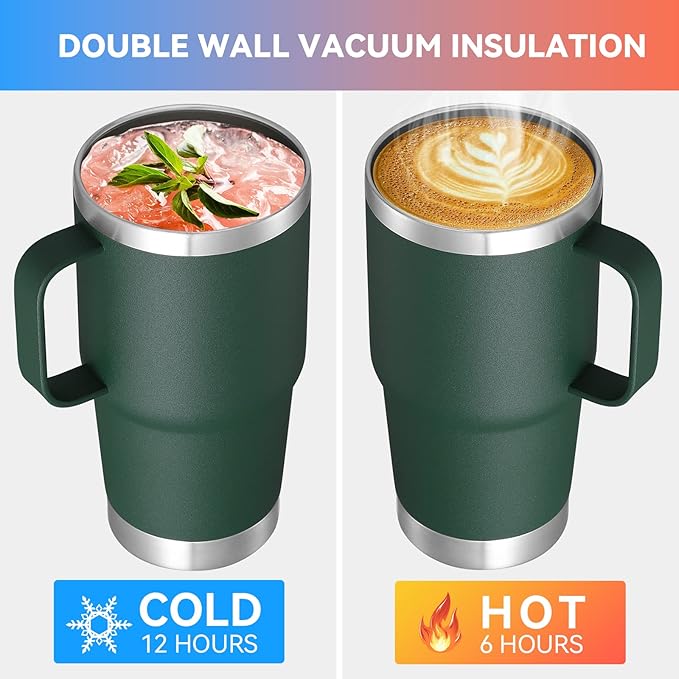 VEGOND 20 oz Tumbler Bulk with Handle Lid and Straw, Stainless Steel Insulated Travel Coffee Mug Set, Spill Proof Double Wall Metal Tumblers Cups, Dark Green 6 Pack