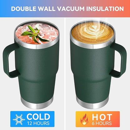 VEGOND 20 oz Tumbler Bulk with Handle Lid and Straw, Stainless Steel Insulated Travel Coffee Mug Set, Spill Proof Double Wall Metal Tumblers Cups, Dark Green 6 Pack