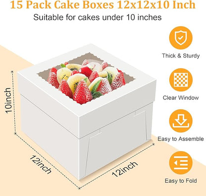 15 PCS Cake Boxes 12 Inch, 12x12x10 Tall Cake Box, 12 Inch Cake Box with Window, White Bakery Boxes, Large Baking Boxes, Cajas Para Pasteles, 12x12 Cake Boxes for Birthday, Wedding, Party, Business