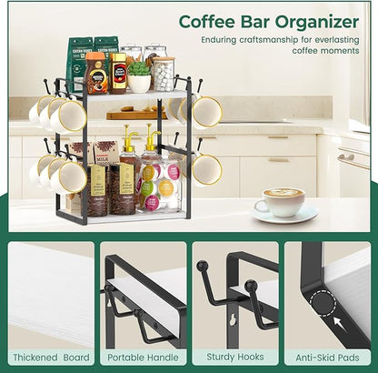 EsLuker.ly 2 Tier Coffee Mug Holder Station Bar Organizer Countertop, Mug Cup Tree Rack for Kitchen Office, Storage Shelf with 12 Hooks, Creat Stylish Coffee Corner, White-Black