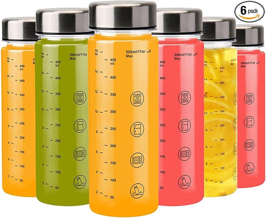 6 Pack Juice Bottles with Caps - Wide Mouth Resuable Clear Plastic Water Bottles for Juicing,Smoothie,Protein, Beverage,Storage Containers,BPA Free,Leakproof Stainless Steel Lid(16 Ounces)