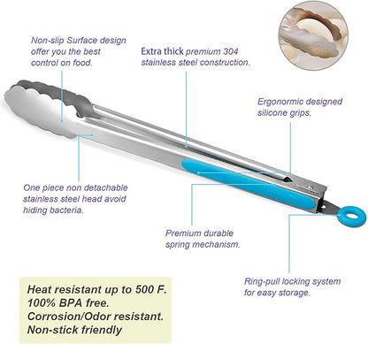 304 Stainless Steel Kitchen Cooking Tongs, 12" and 14" Set of 2 Sturdy Grilling Barbeque Brushed Locking Food Tongs with Ergonomic Grip, Blue