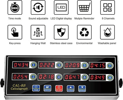 Kitchen Timers for Cooking, 8 Channel, Commercial Grade, Stainless Steel, LED Digital, Loud Alarm,