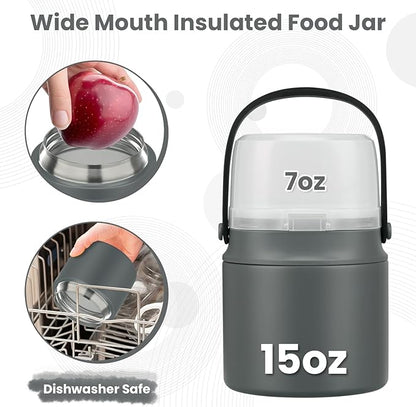 2-in-1 Insulated Food Jar & Snack Container - 15oz Kids Soup Thermos for Hot Food with Handle and Spoon, Leak Proof Reusable Toddler Snack Box, Perfect for School & Travel, Grey