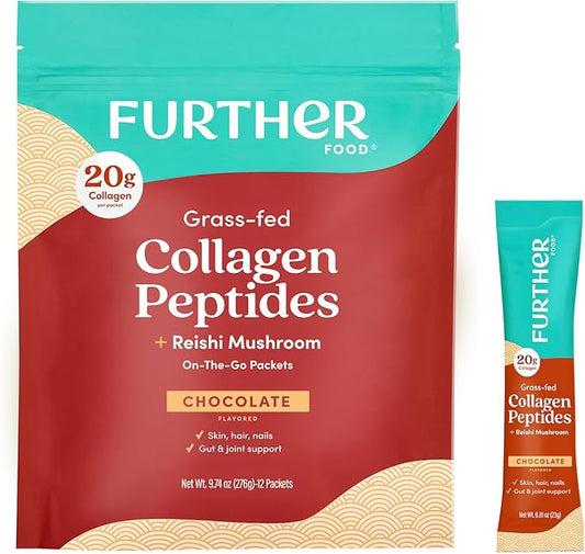 Further Food Chocolate Collagen Peptides Powder Stick Packs, Grass-Fed Pasture-Raised Hydrolyzed Type 1 & 3 Protein, Gut Health + Joint, Hair, Skin, Nails, Paleo Keto Sugar-Free 9.74 oz