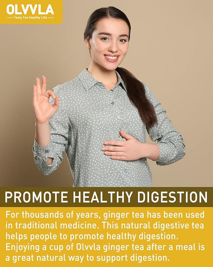 Olvvla - Premium Ginger Tea Bags - 2g X 56 Count - 100% Pure Natural Ginger Root Herbal Tea - Cut & Sifted - Non-GMO - Caffeine-free - Warm & Spicy - Relieve Nausea & Support Digestion