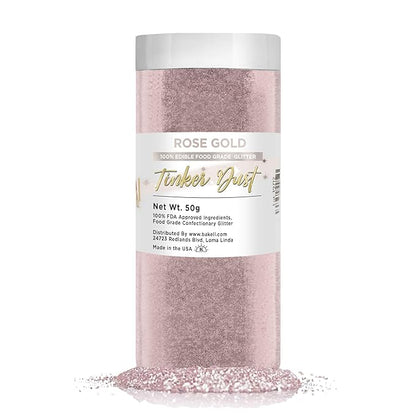BAKELL Rose Gold Edible Glitter, 50 Grams | TINKER DUST Edible Glitter | KOSHER Certified | 100% Edible Glitter | Cakes, Cupcakes, Cake Pops, Drinks, Dessert Vegan Glitter & Dusts (50g, Rose Gold)