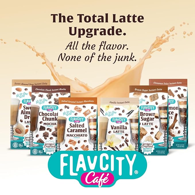 FlavCity Café Salted Caramel Macchiato - Flavored Instant Coffee Powder Mix with Grass-Fed Whole Milk - Instant Latte Made from Real Ingredients - All In One, Just Add Water (20 Servings)