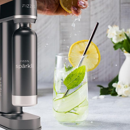 FIZZIT Spärklí Black Carbonated Water Soda Maker Bundle – Includes 1 Black Stainless Steel Bottle, 1 White Stainless Steel Bottle & 2 CO? Cylinders – Premium Sparkling Water Maker for Home & Kitchen