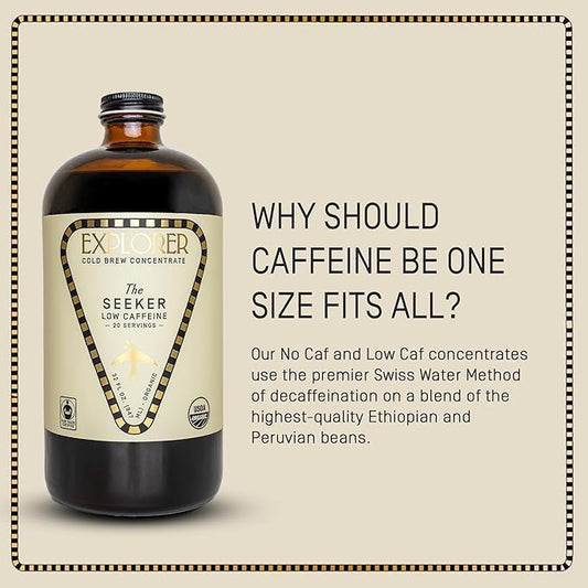 Explorer Cold Brew Organic Liquid Coffee Concentrate, Seeker Low Caffeine, Drink Iced or Hot, 32 fl oz, Makes 20+ Cups