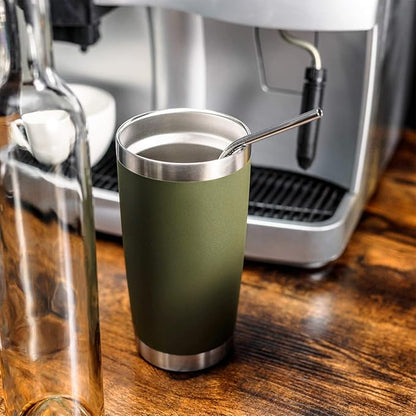 COMOOO 20oz Double Wall Vacuum Insulated Travel Mug, Stainless Steel Tumbler with Lid and Straw Durable Powder Coated Insulated Coffee Cup for Cold & Hot Drinks (Army Green, 2 Pack