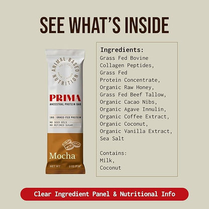 PRIMA ANCESTRAL PROTEIN BAR Grass Fed Protein Bars, 7 Pack – Animal-Based Protein Bar with Beef Tallow, Raw Honey, Seed Oil Free, Low Carb, Gluten-Free – Healthy, Energy Snacks for Clean Lifestyle (7 Pack, Mocha)