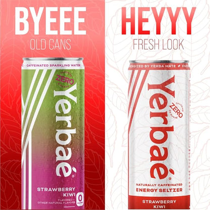 Yerbaé Energy Seltzer - Strawberry Kiwi, No Sugar/Calories/Carbs. Energized by Yerba Mate, Naturally Caffeinated Plant-Based, Healthy Alternative to Coffee/Sugary Sodas, Pack of 12, 12oz cans