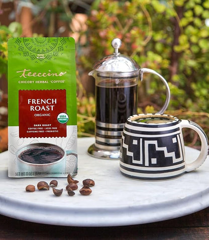 Teeccino French Roast Chicory Coffee Alternative - 11 Ounce - Ground Herbal Coffee That’s Prebiotic, Caffeine-Free & Acid Free, Dark Roast, (Pack of 3)
