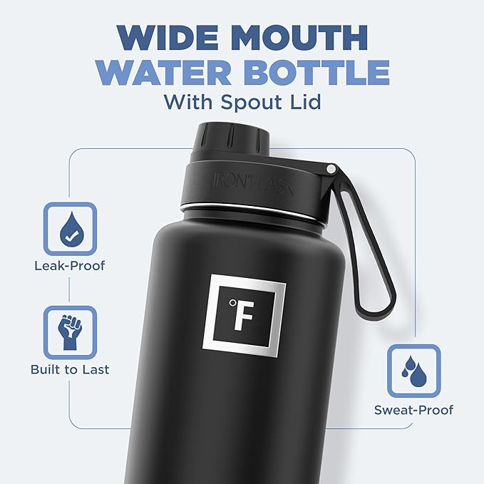IRON °FLASK Camping & Hiking Hydration Flask with 3 Lids - Stainless Steel, Double Walled & Vacuum Insulated Water Bottle - Leak Proof & BPA Free (Fire, Spout - 32 oz)