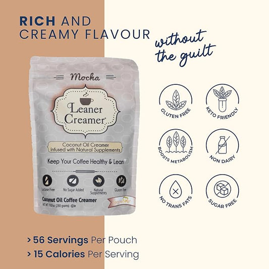 Leaner Creamer Natural Coconut Oil Based Lactose Free Gluten-Free and Sugar-Free Coffee Creamer Powder Infused with Supplements, Decadent Mocha (9.87oz Pouch)