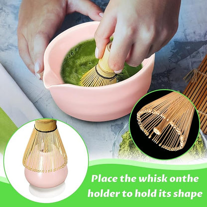 Matcha Set, 6 Pcs Matcha Whisk Set with 20 oz Bowl, Bamboo Whisk for Matcha Tea, Matcha Bowl, Ceramic Matcha whisk Holder, Stainless Sifter and Scoop - Gift for matcha kit Lovers（Pink）