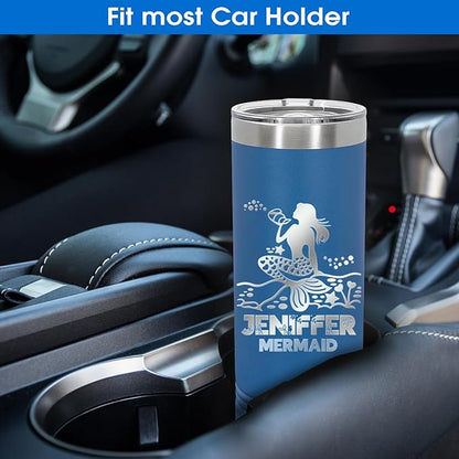 Personalized Skinny Tumbler 20oz with Slider Lid and Staw by iProductsUS - Personalized Laser Engraved Stainless Steel Custom Vacation Mug, 10 colors and 25 Designs, (Royal Blue)