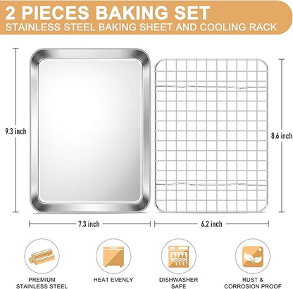 E-far Baking Sheet with Rack Set, 9.5” x 7.3” Stainless Steel Cookie Sheet Baking Pan for Toaster Oven, Mini Metal Tray with Cooling Wire Rack for Cooking Roasting, Non-toxic & Dishwasher Safe