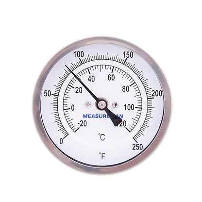 MEASUREMAN Fully Stainless Steel Pot, Kettle, Brewing Bimetal Thermometer, 3" Dial, 2-1/2" Stem, 0-250 deg F/-20-120 deg C, -1% Accuracy, Adjustable, 1/2" NPT Back Mount