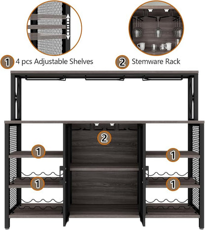 Bar Cabinet, 55 Inches Industry Coffee Bar Cabinet with Wine Rack and Glass Holder, Kitchen Sideboard Buffet Cabinet with Wine Rack Storage for Liquor and Glasses (Rustic Grey)