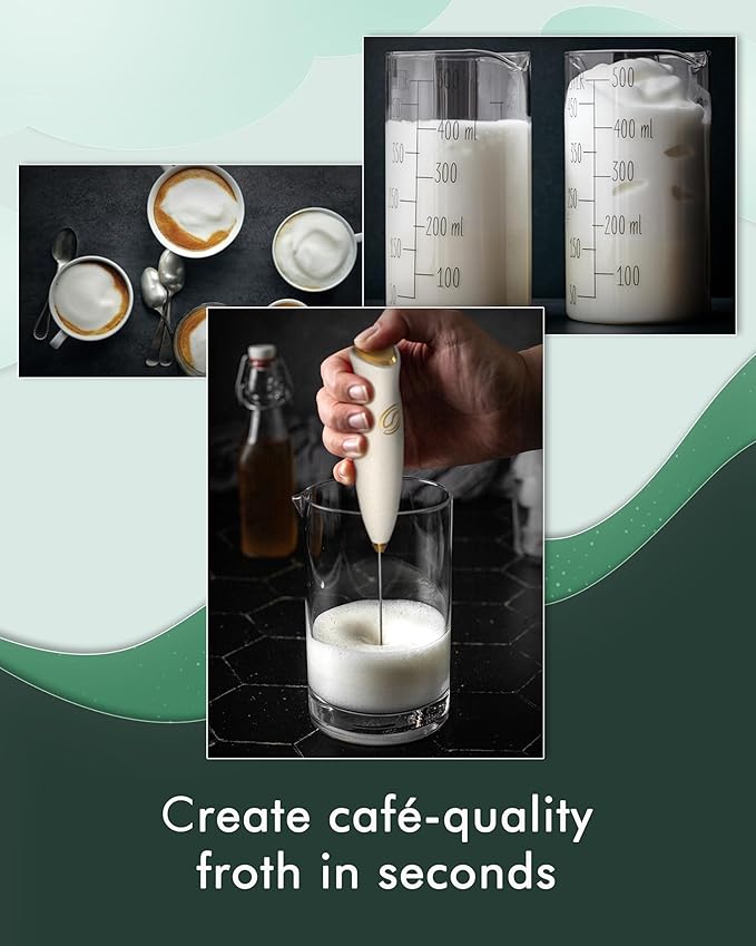 Milk Frother With Stand Handheld Frother Wand Drink Mixer Handheld Coffee Stirrers Electric Frother for Coffee Mixer Wand with 2 Whisk frother for protein powder-White/Gold