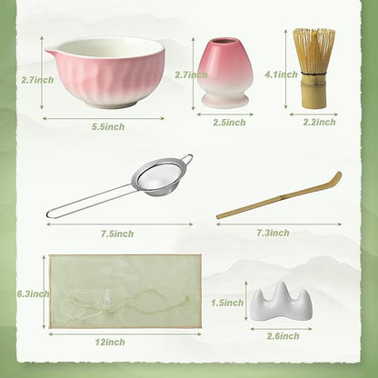 7-Pcs Matcha Whisk Set - Ceramic Matcha Set Includes Bowl,Whisk,Holder,Bamboo Scoop,Scoop Rest,Sifter & Tea Towel – Japanese Traditional Tea Kit for Beginners & Tea Lovers (Gradient Pink)