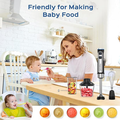 Immersion Blender 5 in 1 Hand Blender, Electric Blenders Max 1000W Heavy Duty Motor, 21 Speed & Turbo Mode Handheld Blender, Milk Frother, Egg Whisk, 800ml Beaker, 600ml Chopper Stainless Steel Blades