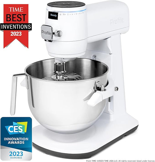 GE Profile Smart Stand Mixer w/Built-In Smart Scale & Auto Sense Technology, 7qt Stainless Steel Bowl, 11 Speed l Dough Hook, Beater, 11-wire whip l works w/Amazon Alexa & Google Home l Stone White