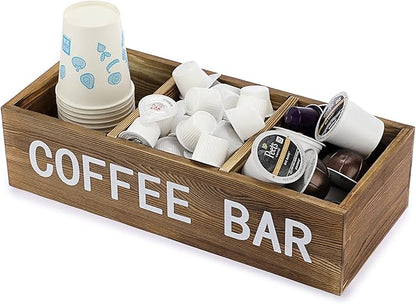 ELLDOO Coffee Pod Holder Storage, Coffee Bar Wooden Storage Box with Removable Grids, Coffee Station Organizer for K Cup, Rustic Coffee Accessories for Counter Home Decor, Vintage Wood