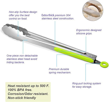 304 Stainless Steel Kitchen Cooking Tongs, 14" and 16" Set of 2 Sturdy Grilling Barbeque Brushed Locking Food Tongs with Ergonomic Grip, Green