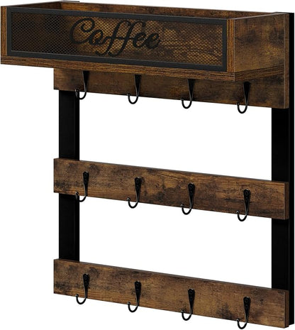 YINMIT Coffee Mug Holder with 12 Hooks, Coffee Cup Holder Wall Mounted with Top Shelf, Mug Organizer for Home Kitchen, Brown