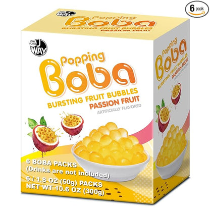 J WAY Bursting Popping Passion Fruit Boba Pearls, Passion Fruit Syrup, Non-Dairy, Fat-Free Popping Tapioca Boba for Beverages, Sweets, Ice Cream, 1.8oz (Pack of 6)