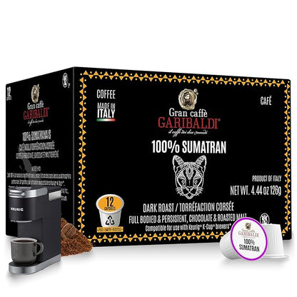 Caffè Garibaldi Sumatran Coffee Pods, Single-Serve Capsules for Keurig K-Cup Brewers, 100% Arabica Blend, Recyclable Pods, 12 Count - Dark Roast