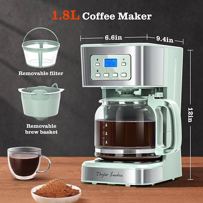 Taylor Swoden 12-Cup Programmable Coffee Maker, Regular & Strong Brew Drip Coffee Machine for Home and Office, Glass Carafe, Pause & Serve, Auto Shut Off, Green & Stainless Steel