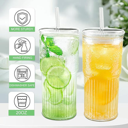 Glass Cups with Lids and Glass Straws, High Borosilicate 20OZ Tumblers (2Pcs) for Coffee, Tea, Juice, Smoothies, Hot/Cold Drinks at Home, Office