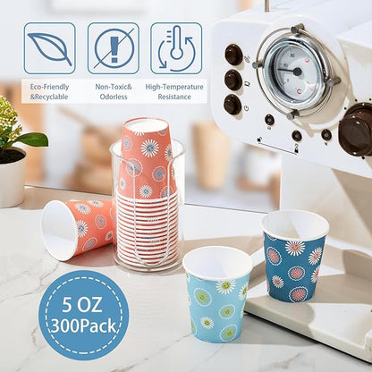 300 Pack 5 oz Paper Cups, Disposable Bathroom Cups, Small Mouthwash Cups, Hot/Cold Beverage Drinking Mini Cup for Party, Picnic, BBQ, Travel (Daisy)