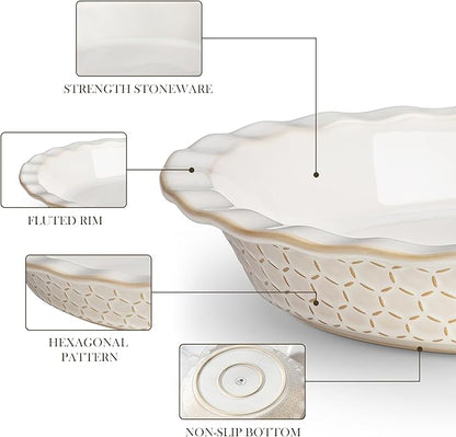 MALACASA Pie Dish for Baking, Stoneware Pie Pan 9 Inch, Embossed Deep Dish Pie Pans, 45 OZ Round Baking Dish Pie Pan, Fluted Dish Pie Plate for Apple Pie, Quiche and Tart, Set of 1, Series LYDIA